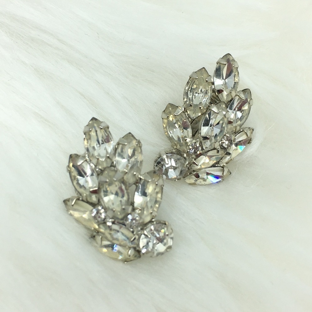 Vintage Large Clear Rhinestone Cluster Clip On Earrings Leaf Spray Ear Climber